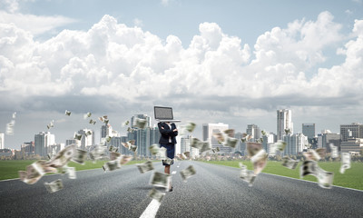 Obraz premium Business woman with laptop instead of head.