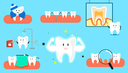 Teeth set concept . Cute tooth characters. Dental. For children. Oral hygiene, teeth cleaning. Vector