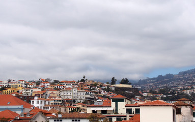 Obraz premium a panoramic cityscape view of funchal showing buildings of the town center and houses running up the mountains to trees and sky