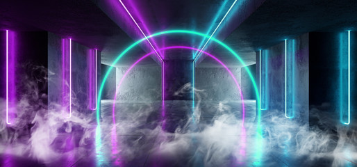 Smoke Sci Fi Neon Cyber Futuristic Modern Retro Alien Dance Club Glowing Purple Pink Blue Lights In Dark Empty Grunge Concrete Reflective Room Corridor Background 3D Rendering