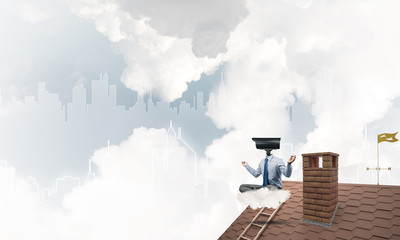 Concept of security and privacy protection with camera headed man meditating