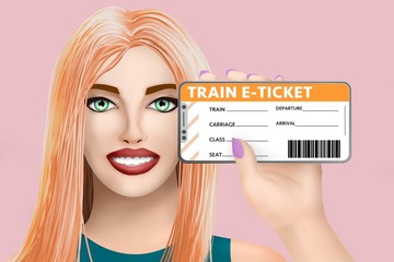 Concept train e-ticket (electronic ticket). Drawn cute girl on colourful background. Illustration