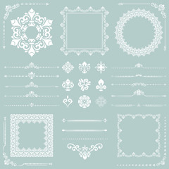 Vintage set of vector horizontal, square and round elements. Different white elements for backgrounds, frames and monograms. Classic patterns. Set of vintage patterns