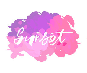 Sunset handlettering text. Design print for label, logo, sign, emblem. Vector illustration on background. 