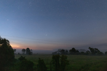 Early morning with starry sky in the green field
