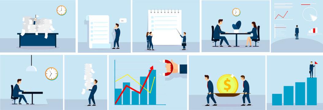 Business  situation concept , business people at work.Paper work. Fan illustration. Graphics , talking, make money, Vector