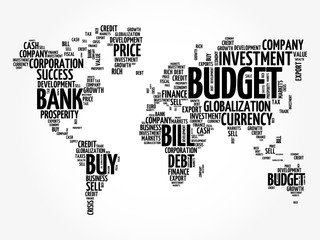 Naklejka premium Business and Invest word cloud in shape of world map, finance concept background