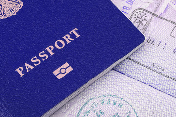Us passport and visa stamps. Concept of homecoming