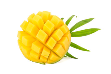 Fresh mango with palm leaf isolated on white background, closeup