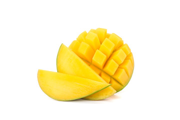 Cut ripe mango with two pieces isolated on white background