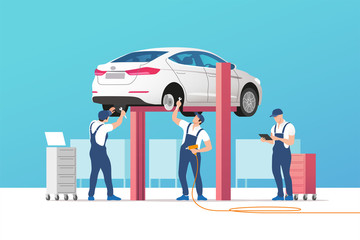 Auto service and repair. Car in maintenance workshop with mechanics team. Vector illustration.