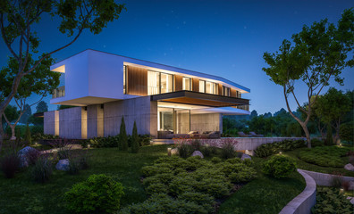 3d rendering of modern cozy house on the hill with garage and pool for sale or rent with beautiful landscaping on background. Clear summer night with many stars on the sky.