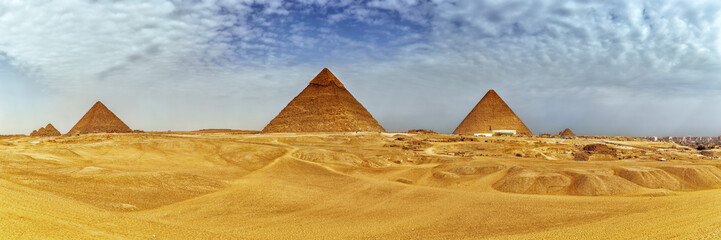 Fototapeta na wymiar Panorama of the Giza Pyramids in the desert, Egypt