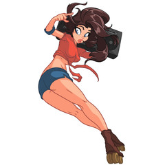Cute brunette girl on roller blades is holding a boombox
