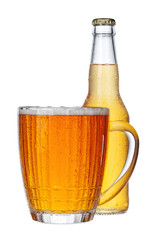 Fresh beer glass and bottle close up isolated on white background