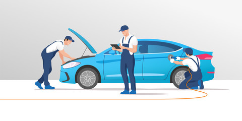 Auto service and repair. Car in maintenance workshop with mechanics team. Vector illustration.