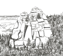 Sketch from life rocks in the forest, graphics, ink. Raster illustration on white background