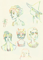 A set of sketches of different characters with colored pencils