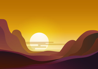 Fototapeta na wymiar Sunset in desert - vector illustration natural background. Evening landscape with sun sets behind the mountains and yellow sky.