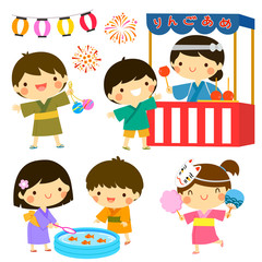 Clip art set of kids celebrating the Japanese summer festival. The Japanese text says candy apples.