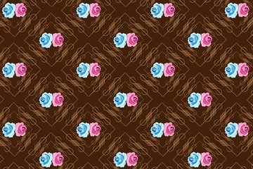 Seamless Brown Background with Blue and Pink Roses