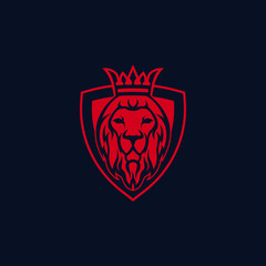 Lion king with a crown over his head with a shield shape behind him logo concept