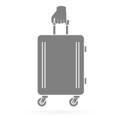 Hand holding traveler suitcase with wheels icon