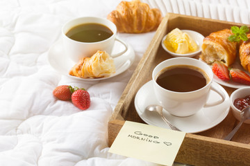 Morning breakfast in bed with coffee