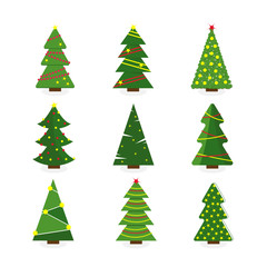 Set of colorful cartoon Christmas tree. Modern different flat design. Vector illustrations