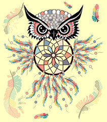 Hand drawn ornate spiritual symbols, totemic and mascot Owl with the dream catcher and mandala. Boho style