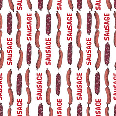 Seamless pattern with sausage. Food. Hand drawn Meat products on a beige background:  smoked sausages, salami, frankfurters. Background for textile, fabric, restaurant, meat shop.