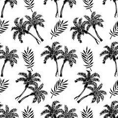 Black and white tropical seamless pattern. Palm trees and leaves on white background. Watercolor illustration.