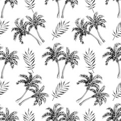 Black and white tropical seamless pattern. Palm trees and leaves on white background. Watercolor illustration.