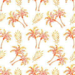 Tropical seamless pattern. Palm trees and leaves on white background. Watercolor illustration.