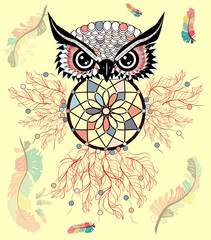 Hand drawn ornate spiritual symbols, totemic and mascot Owl with the dream catcher and mandala. Boho style