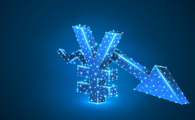 Japanese Yen currency, Downtrend arrow, digital neon 3d illustration. Polygonal Vector business crisis, crash, data cash, finance concept. Low poly wireframe, triangle, lines, dots. Blue background
