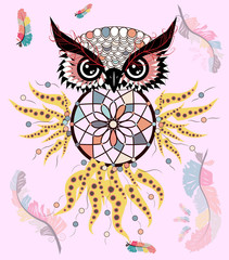 Hand drawn ornate spiritual symbols, totemic and mascot Owl with the dream catcher and mandala. Boho style