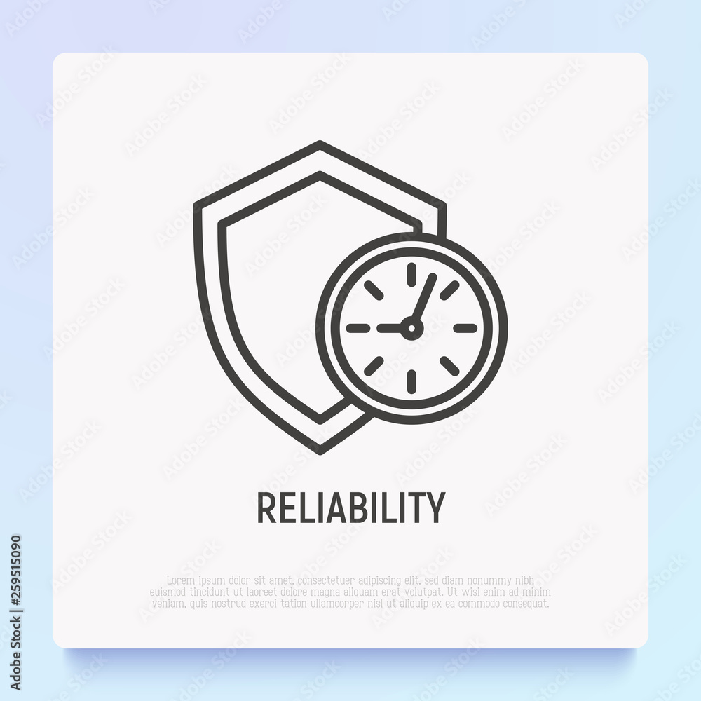 Poster reliability thin line icon: shield with clock. symbol of support. modern vector illustration.