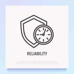Reliability thin line icon: shield with clock. Symbol of support. Modern vector illustration.