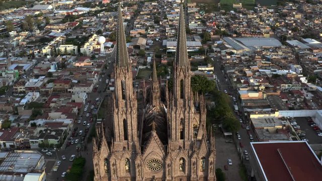 AERIAL: Zamora, Michoacan, Mexico, Catedral, Santuario (Descending)