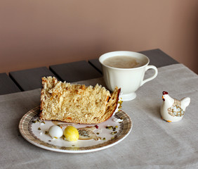 Traditional Easter breakfast. Table setting with easter cake, a cup of coffee