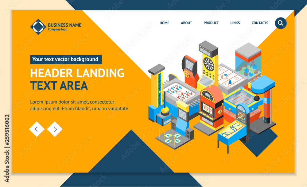 Poster game machine 3d landing web page template isometric view. vector