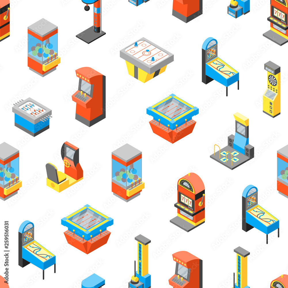 Poster game machine 3d seamless pattern background isometric view. vector