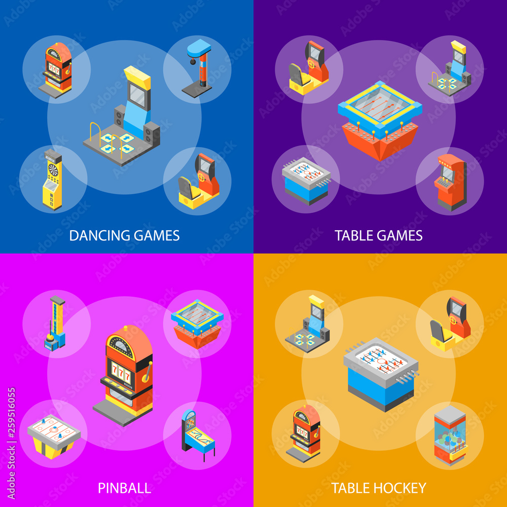 Poster game machine 3d banner set isometric view. vector