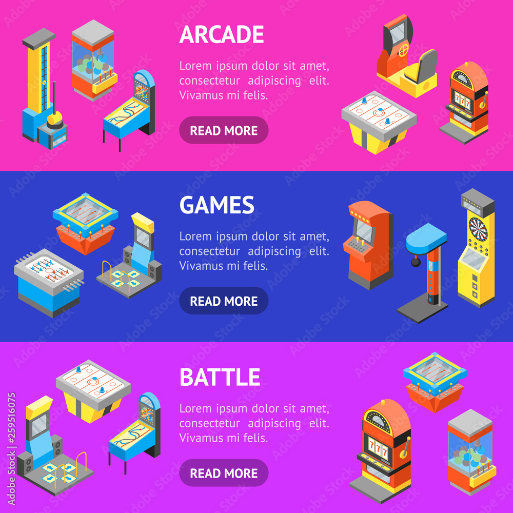 Poster game machine 3d banner horizontal set isometric view. vector