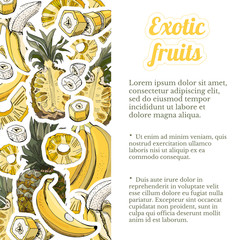 Vertical  template with stickers  of pineapple and banana fruits. Whole and sliced objects. Hand drawn sketch