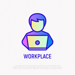 Workplace: man with laptop. Thin line icon. Modern vector illustration.