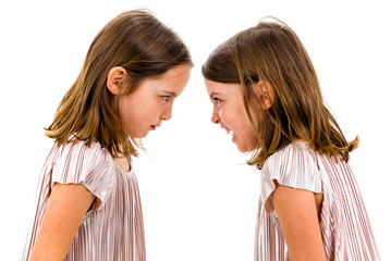 Identical twin girls sisters are arguing yelling at each other.