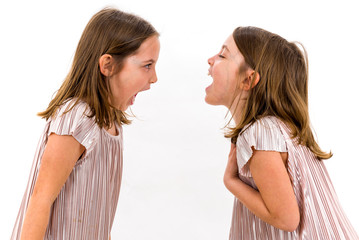 Identical twin girls sisters are arguing yelling at each other.
