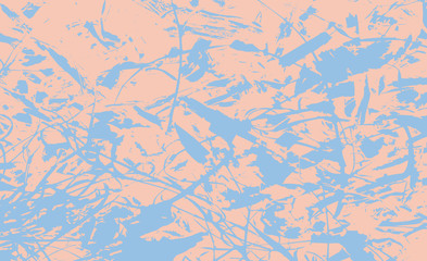 Fototapeta na wymiar Grunge pastel background. Abstract images in the form of strips, dots, sticks, leaves and shapeless figures in delicate pink and blue colors. Vector illustration.